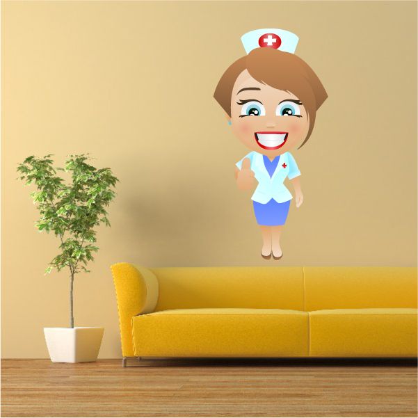 Nurse character sticker with red-cross cap, blue scrubs, and thumbs-up smile