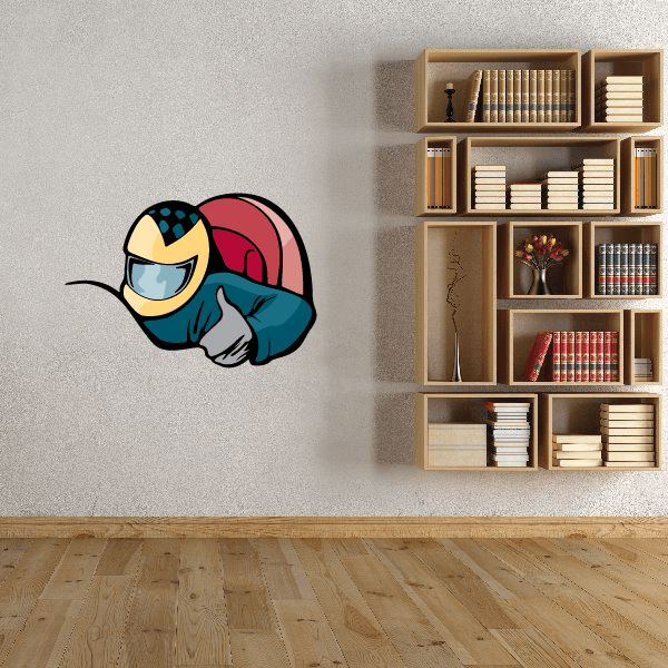 Thumbs-up racer sticker with colorful cartoon character, red and teal accents