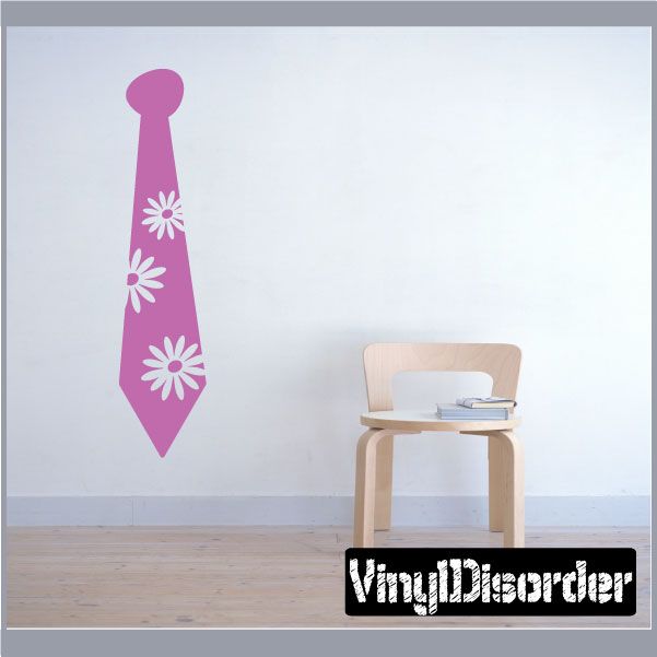 Purple necktie wall decal with white flower designs