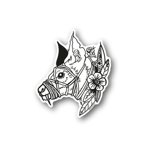 Bat vinyl sticker with intricate line-art design, white on dark background