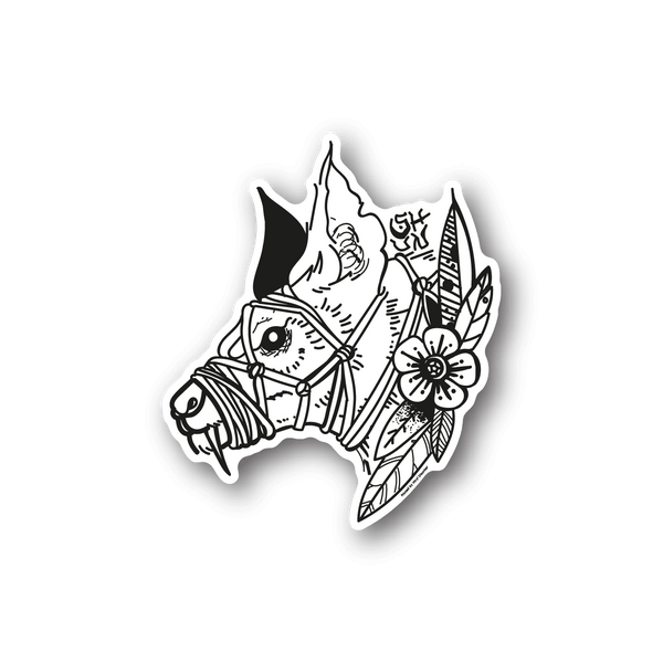 Bat vinyl sticker with intricate line-art design, white on dark background