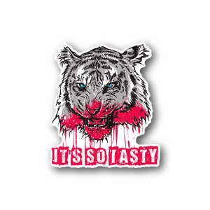 Tiger head vinyl sticker with red splash graphic and bold text