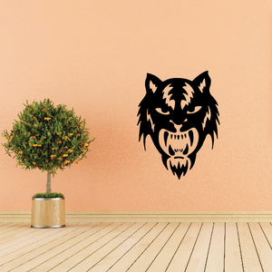 Tiger mask decal, black and tan feral face with white eye patches and snarling mouth