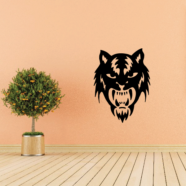 Tiger mask decal, black and tan feral face with white eye patches and snarling mouth