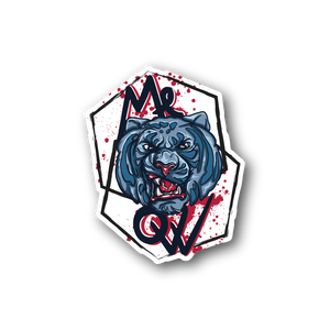 Tiger vinyl sticker with blue roaring cat face inside a white hex badge