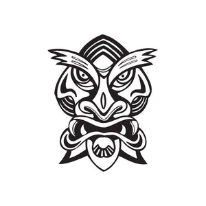 Tiger tiki decal in black and white, stylized face with ornaments