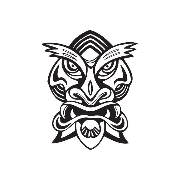 Tiger tiki decal in black and white, stylized face with ornaments