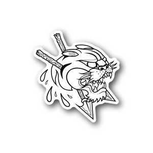 Vinyl sticker of a white-outlined tiger with arrows and flame-like shapes