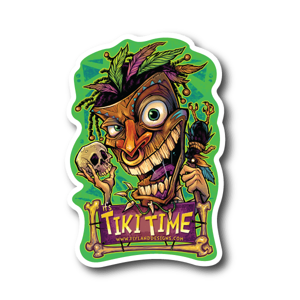Tiki Time vinyl sticker with colorful tiki face, leaves, skulls, and 'Tiki Time' text