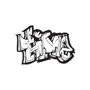 Graffiti-style time decal, black with white highlights