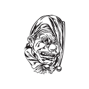 Tired jester head decal sticker with black-and-white clown face illustration