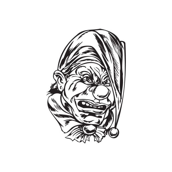Tired jester head decal sticker with black-and-white clown face illustration