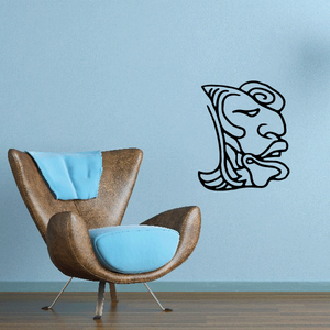 Black line-art Mayan face decal with tired expression, stylized profile.
