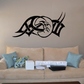 Black tired moon wall decal with cartoon face and long horns, vinyl sticker style