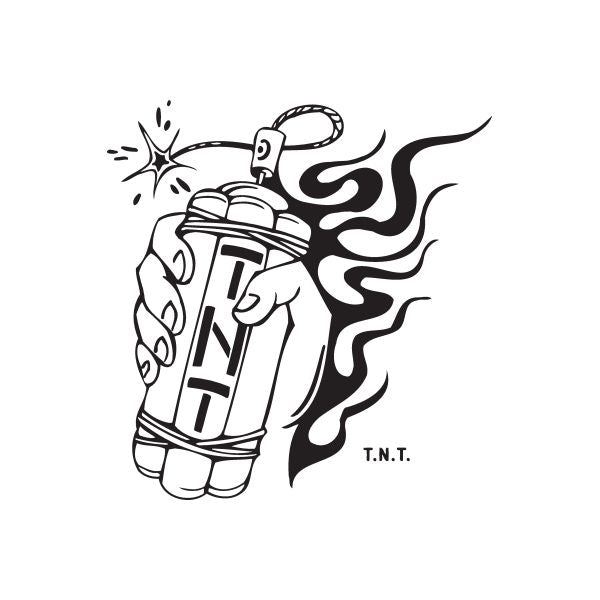 Black TNT spray paint can decal with flame graphic and small T.N.T. text