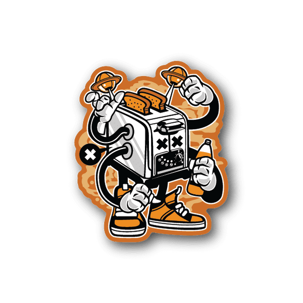 Vinyl sticker of orange-and-white toaster gangster mascot holding a boombox and pointing