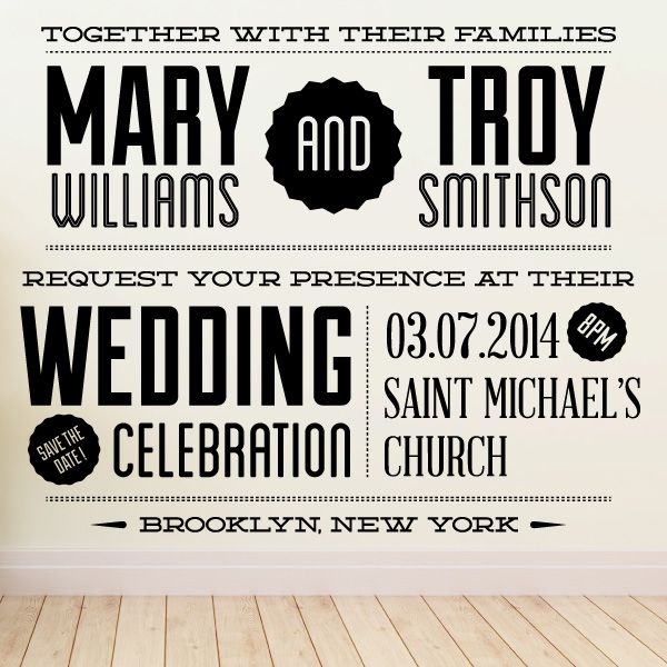 Wedding decal with family names, date 03.07.2014, and location Saint Michael’s Church