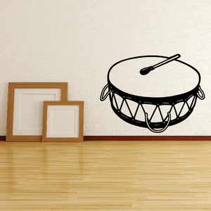 Vinyl wall decal of a tom-tom drum with drumsticks, black outline and white fill