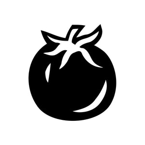 Tomato decal featuring a black tomato icon with white leaf and accent shapes