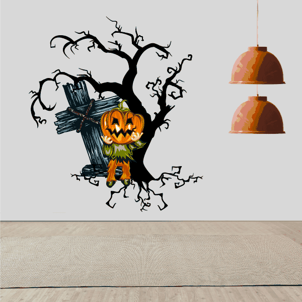 Image of Tombstone with Jack-o-Lantern Monster Printed Die Cut Decal