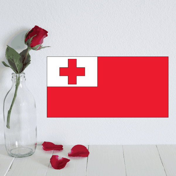 Tonga flag sticker, rectangular red and white design with a red cross