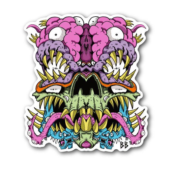 Skull vinyl sticker with pink tentacles, purple faces, green teeth, and colorful fanged jaws