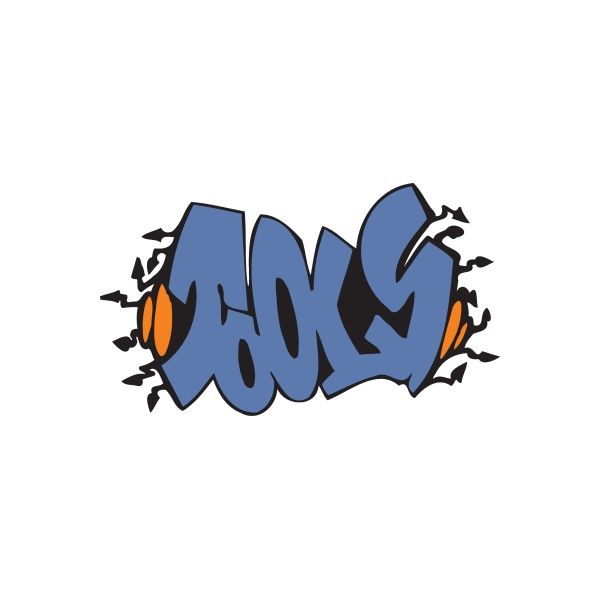 Graffiti sticker with blue spray-letter design and orange highlights