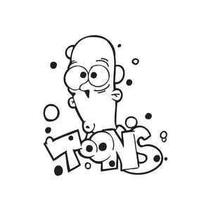Cartoon graffiti decal of a bald character head with open mouth and scattered dots