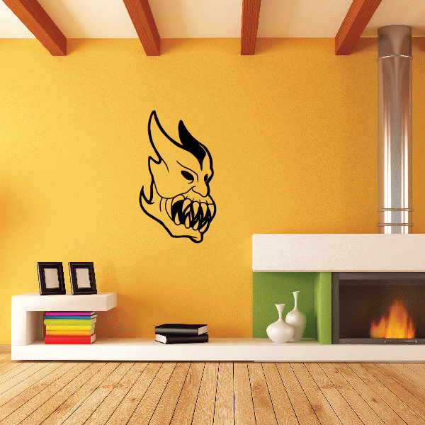 Demon mask decal with toothy skull face and horned outline