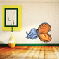 Toothy dinosaur wall sticker with orange head and blue body, cartoon style.