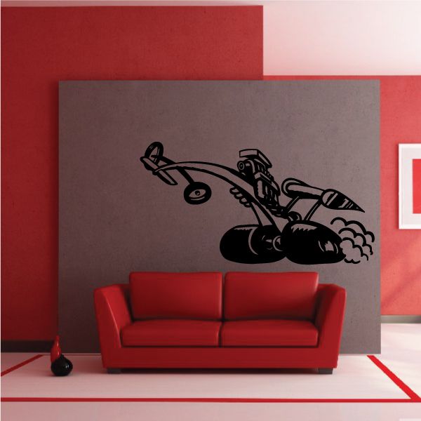 Black cartoon dragster wall decal with wheels and exhaust, large wall graphic