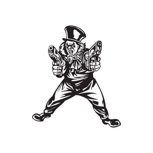 Black and white clown decal with top hat aiming two guns