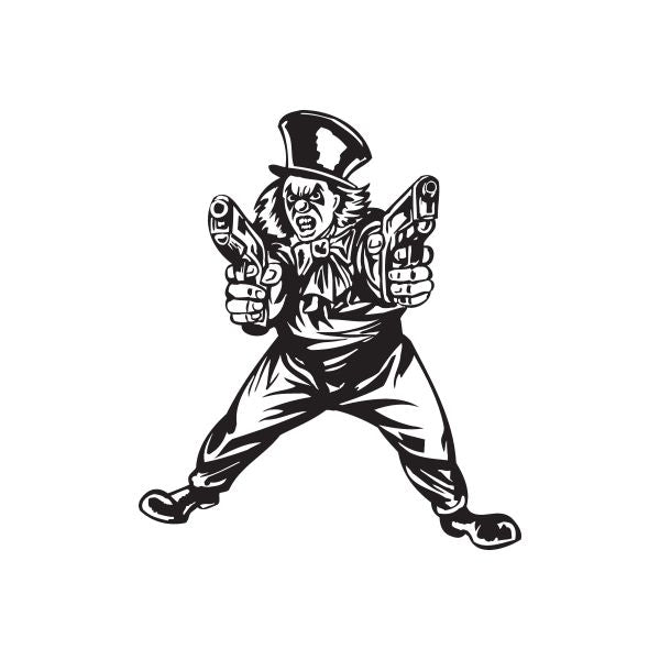 Black and white clown decal with top hat aiming two guns
