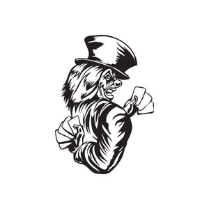 Clown decal with black top hat and white ruffled coat, holding cards in a playful pose