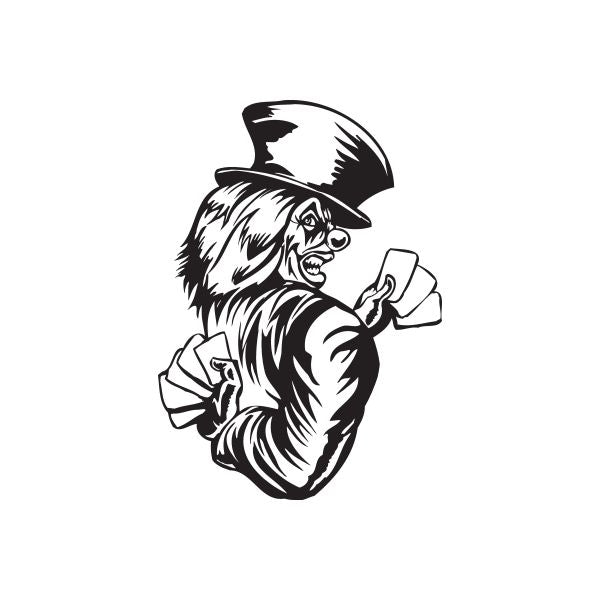 Clown decal with black top hat and white ruffled coat, holding cards in a playful pose