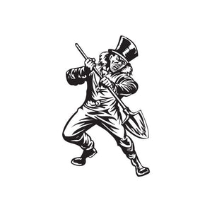 Clown digging with shovel graphic decal wearing top hat, black-and-white outline
