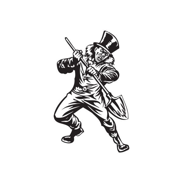 Clown digging with shovel graphic decal wearing top hat, black-and-white outline