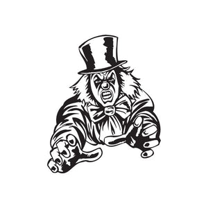 Black-and-white clown grabbing decal with top hat and wide open mouth