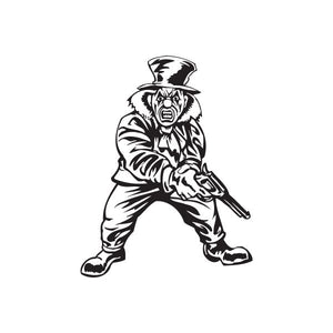 Black-and-white outline clown decal, top hat holding a gun