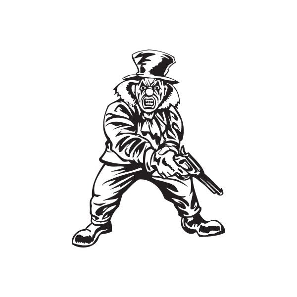 Black-and-white outline clown decal, top hat holding a gun