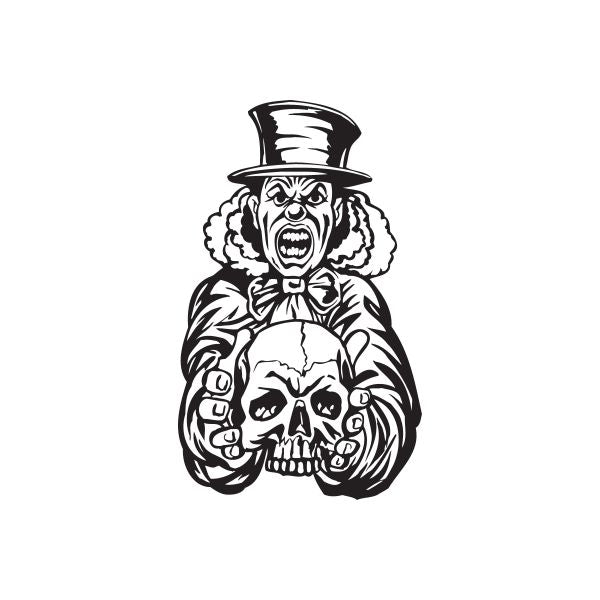 Clown holding skull decal with top hat, black and white illustration