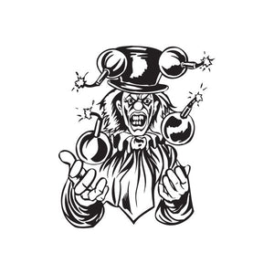 Clown juggler top hat decal with bombs, black-and-white cartoon figure