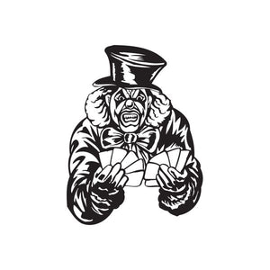 Top hat clown playing cards decal: black-and-white clown holding playing cards