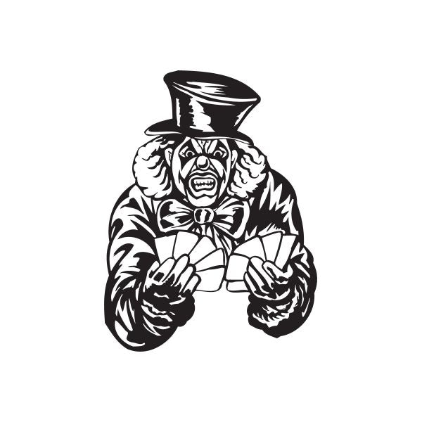 Top hat clown playing cards decal: black-and-white clown holding playing cards
