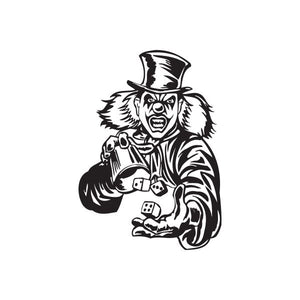 Clown rolling dice decal with top hat, striped coat, and dice in hand