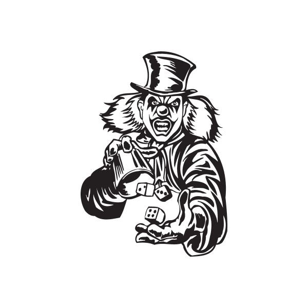 Clown rolling dice decal with top hat, striped coat, and dice in hand