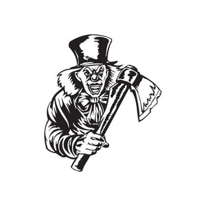 Black and white clown top hat decal with hatchet illustration