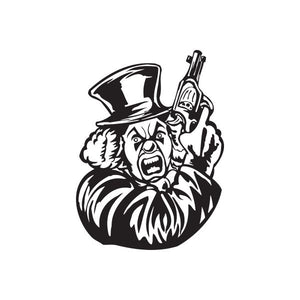 Clown graphic decal: top hat character holding a revolver, black and white