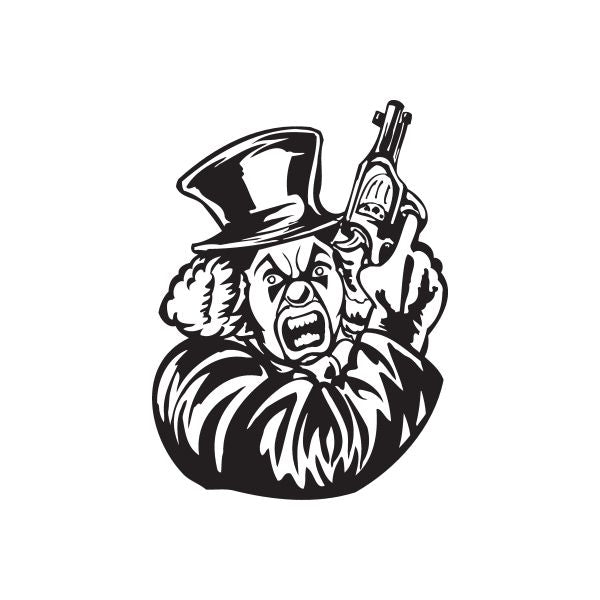 Clown graphic decal: top hat character holding a revolver, black and white