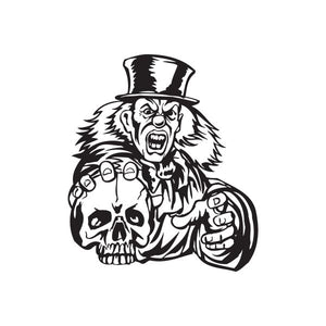 Top hat clown skull decal featuring black-and-white roaring face illustration
